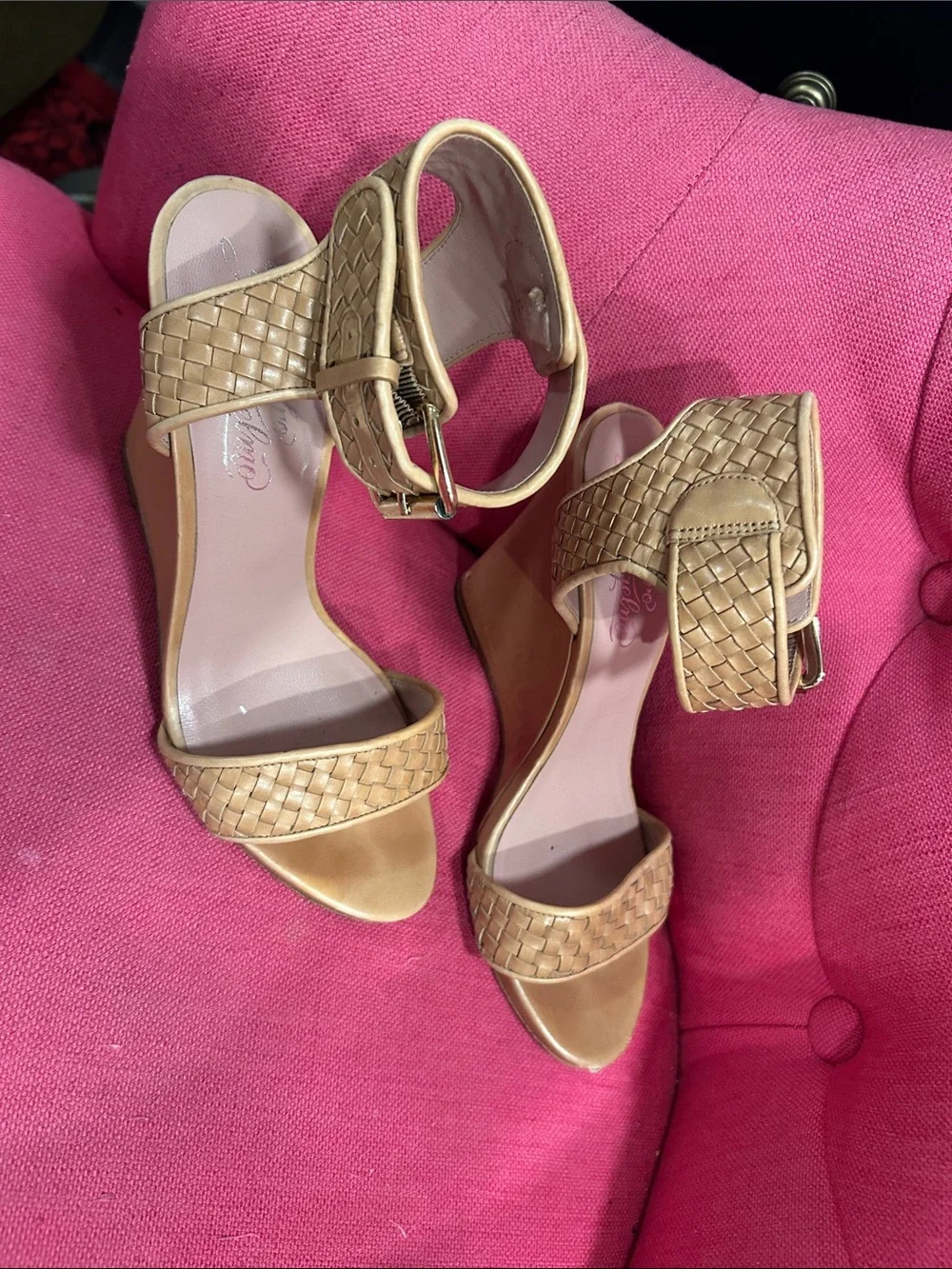 Loeffler Randall Tan Woven Ankle-Strap Wedge Sandals
